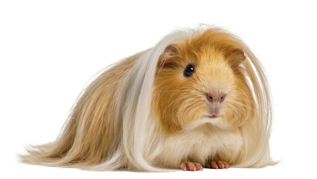 Long-haired guinea pig with golden and white fur