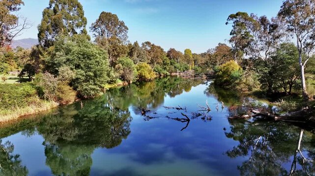 Cinematic aerial footage of Goulburn River Thornton Victoria Australia