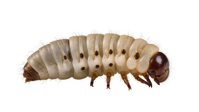 White grub larva with segmented body and brown head