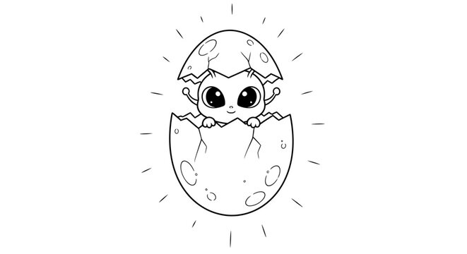 Cute baby alien hatching from a cracked egg, glowing with joy and surprise, cartoon style illustration
