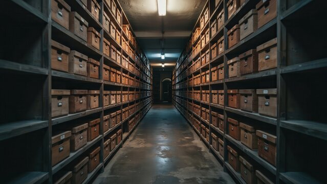 Rows of wooden storage boxes on tall shelves in a dimly lit vintage archive room.