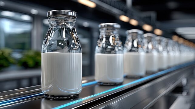 Luxury dairy processing facility features robotic arms filling glass milk bottles on production lines with modern design and blue hour lighting