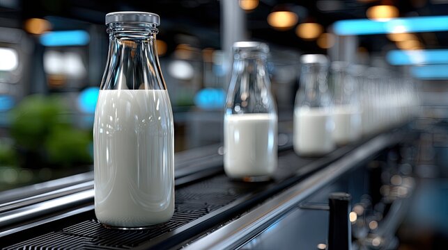 Luxury dairy processing facility features robotic arms filling milk bottles on a production line in a modern setting with unique architecture and lighting