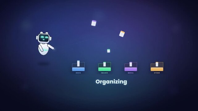 Cute AI robot assistant neatly organizing digital files into sorted folders for data management