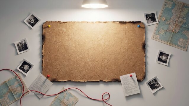 Investigation mystery board with blank center surrounded by maps and photos connected with red string.