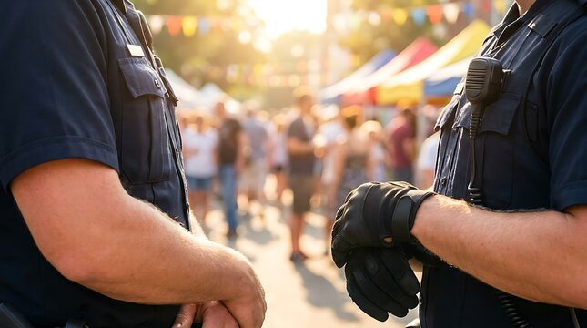 Two police officers on duty at outdoor festival event, crowd in background sunny day warm lighting, public safety law enforcement officers protecting citizens.