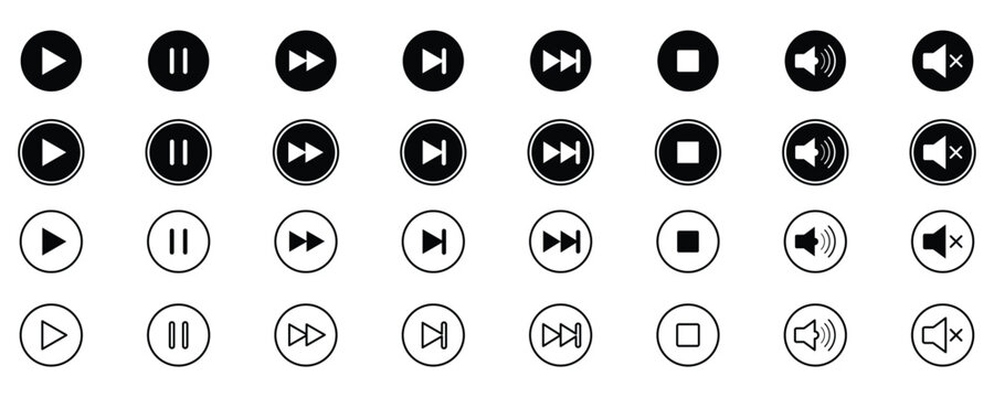 Black and white media player control icons for user interfaces