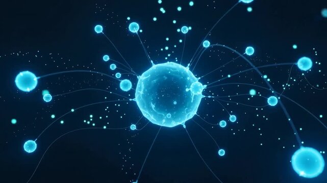 Reacting to left wave, glowing orb pulsing emitting filaments pushing dots outward releasing energy