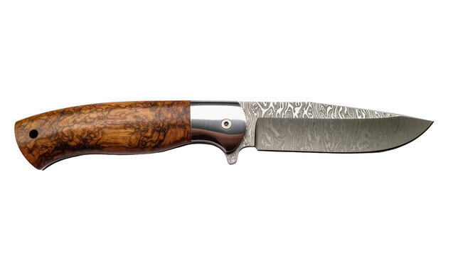 Damascus steel folding knife with polished metal bolster and burl wood handle