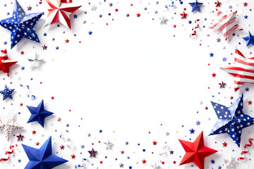 Fototapeta premium Close up folded American flag on rain soaked bench with reflective puddles and soft overcast lighting for a reflective Independence Day tribute