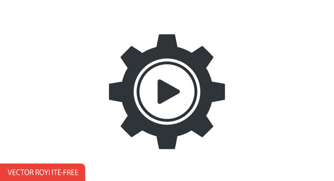Play button gear icon, vector play symbol, gear wheel icon, media playback isolated on White Background