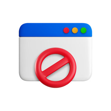 Vector cartoon 3d blocked browser icon. Realistic render website page icon with red circle prohibition sign. Denied access sign, no advertising, forbidden web page, ads blocking, internet restriction.