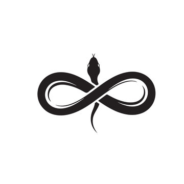 Black Bold Snake Forming Large Infinity Symbol Prominent Head, Dark Powerful Serpent Eternal Loop Logo Design, Tattoo Icon Vector Illustration Art