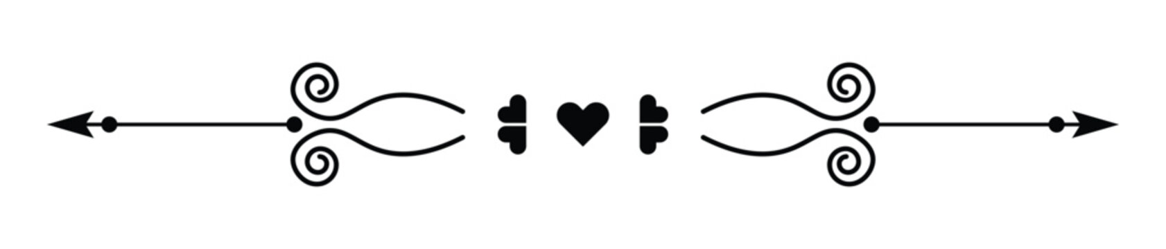Elegant black decorative horizontal divider with heart and scroll elements for design