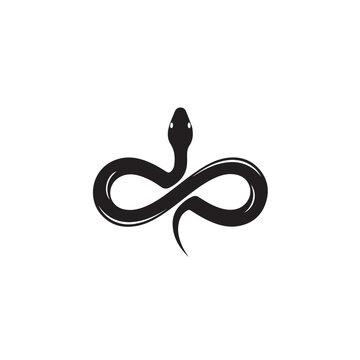 Black Compact Snake Forming Infinity Symbol with Raised Head, Sleek Serpent Eternal Loop Minimalist Tattoo Design, Icon Logo Vector Illustration Art