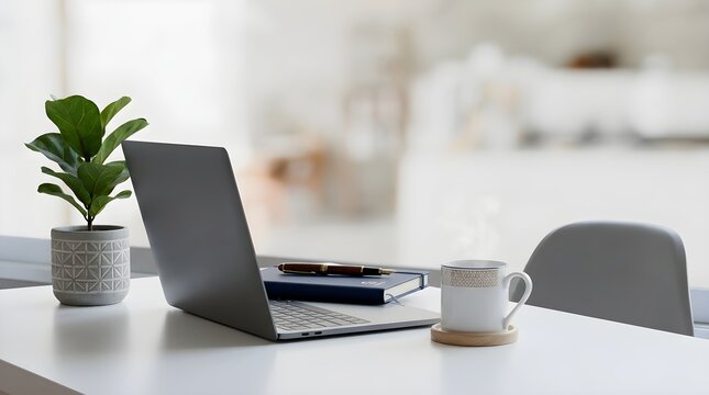 Modern home office workspace with laptop, coffee cup, and plant on a white desk, blurred background