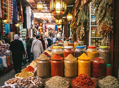 Colorful Moroccan spice jars in traditional souk, cumin, paprika, turmeric, saffron in glass containers, warm ambient light, market atmosphere, vibrant colors
