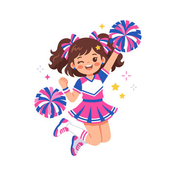 Cute cartoon girl cheerleader jumping in the air with pom-poms, wearing a pink and blue uniform, isolated vector illustration
