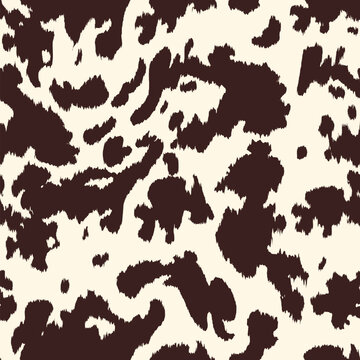 Cow brown seamless pattern. Vector detailed animal skin print, cute brown dalmatian spots on beige background. Natural spotted grunge texture for textile, fabric, wrapping paper, backdrop, decoration.