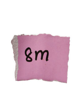Handwritten 8m on a torn pink paper scrap with rough edges transparent background