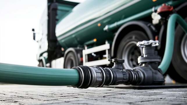 Tanker truck connecting a green hose for liquid transfer, industrial fueling operation with detailed valve and coupling