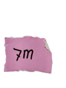 Ripped pink paper scrap with 7m handwritten in black ink a torn memo note fragment transparent background
