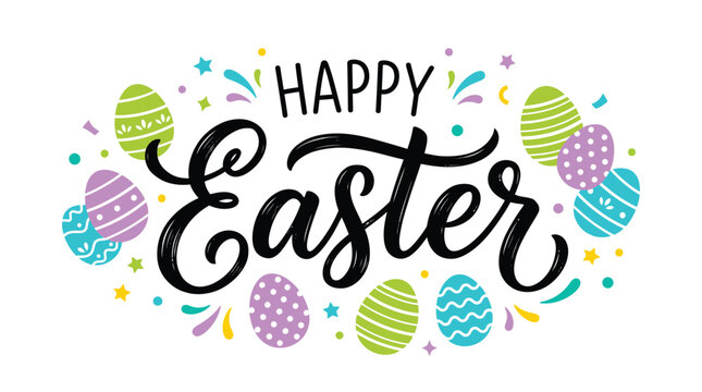 Decorative happy easter vector illustration featuring colorful patterned eggs and elegant black hand written calligraphy text