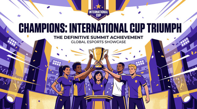 Esports Champions Lifting Trophy With Confetti Flying High Above The Stadium Crowd