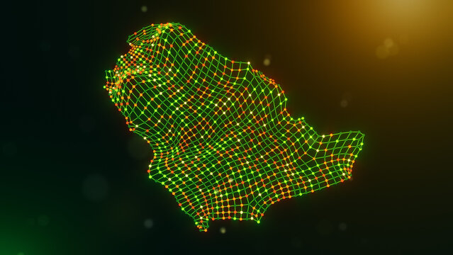 Abstract Saudi Arabia map formed by wavy interconnected nodes and network lines over a glowing green yellow orange bokeh background, symbolizing digital infrastructure and connectivity.