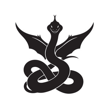 Black Silhouette Dragon Snake with Wings Spread Wide, Dark Gothic Serpent Winged Beast Tattoo Design, Mythical Creature Vector Illustration Art