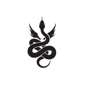 Black Silhouette Fantasy Snake with Small Wings, Dark Serpent Winged Creature Tattoo Design, Gothic Mythical Spirit Animal Vector Illustration Art
