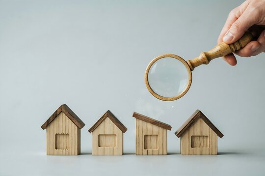 Hand holding magnifying glass over wooden house models, symbolizing property search, inspection, and real estate concept