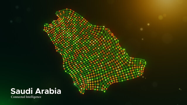 Saudi Arabia connected intelligence concept featuring a digital node network map and modern typography on a vibrant green yellow orange technology background with glowing bokeh lights.