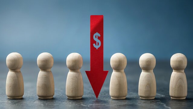 Red arrow with dollar sign pointing down between wooden figures, symbolizing financial decline or economic downturn