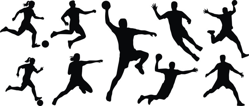 Team sports athlete silhouettes set with soccer and handball players in action isolated on white background