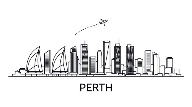 Perth City Skyline with Airplane Flying Overhead Line Drawing