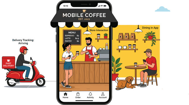 Mobile coffee ordering application interface with smartphone screen delivery scooter driver barista service and online cafe customers