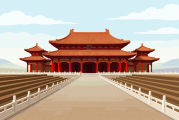 Obraz premium Traditional Chinese Palace with Red Roof and Stone Pathway