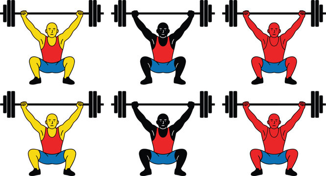 Weightlifting athlete vector icon set performing snatch overhead barbell squat exercise for bodybuilding powerlifting sports training