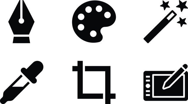 Set of graphic design tools icons including pen palette magic wand eyedropper crop and tablet flat vector symbols for creative applications