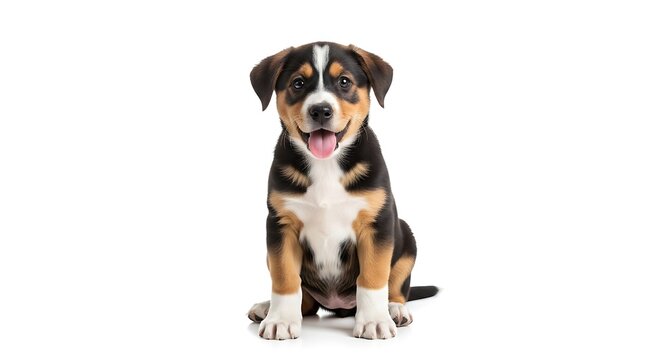 Adorable tricolor puppy sitting happily on a white background, looking directly at the camera with its tongue out.