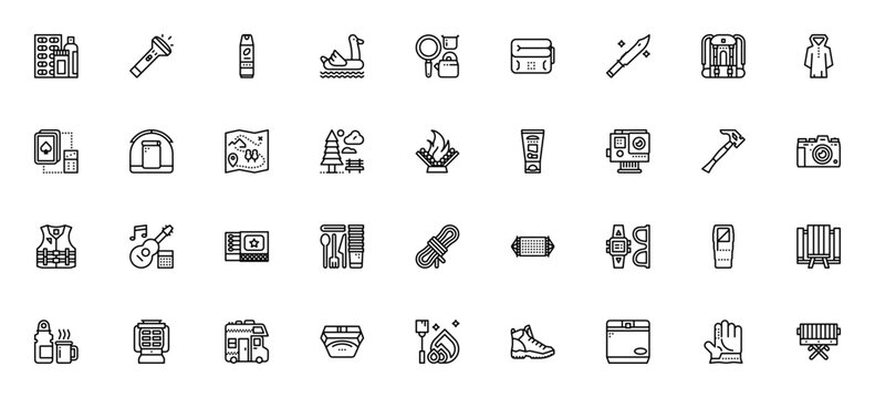 Camping icon set. Vector icon pack. Minimalist line icons. Featuring tent, backpack, campfire, map, flashlight, sleeping, knife, rope, guitar, medicine and more. Editable vector stroke.