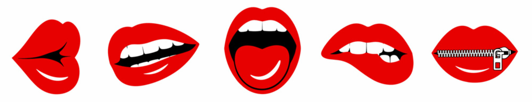 Collection of five small red lips and mouth icons including open smile, bite, tongue, closed and zipper lip variations. Versatile beauty and expression icon set for cosmetics and design.