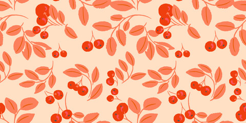 Seamless berry branch pattern with red fruits and autumn leaves on a warm beige background. Modern botanical vector design for textiles, packaging, wallpaper, and wrapping © incarnadine