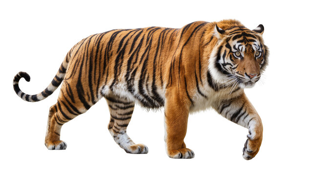 Bengal tiger walking full body, orange and black stripes