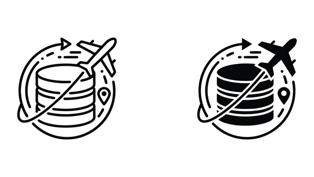 Airplane flight path around database icon with location pin for global data transfer and cloud logistics tracking in minimal outline and solid black vector style for tech and aviation
