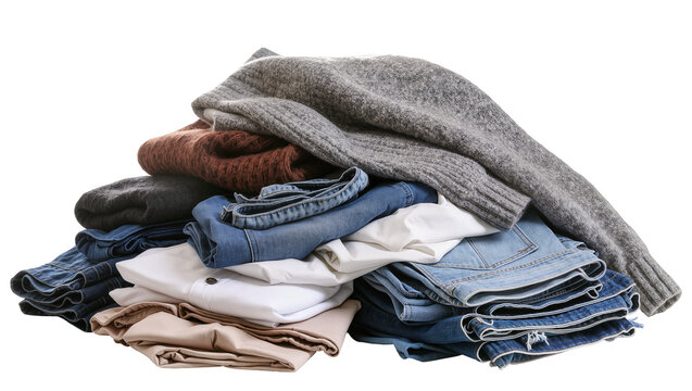 Pile of folded casual clothing jeans sweaters shirt, trousers