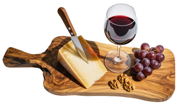Parmesan cheese wedge with knife red wine grapes, and walnuts on wooden board