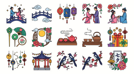Naklejka premium Chinese Mid Autumn Festival Flat Vector Icon Set with Mooncake Lantern Rabbit Pagoda Floral Elements and Traditional Asian Culture Collection