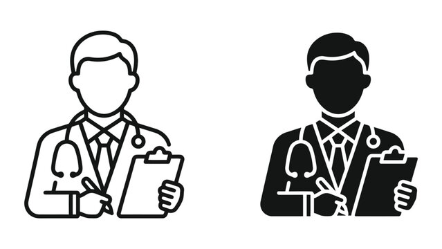 Professional doctor with clipboard icon set showing physician taking notes and medical diagnosis for healthcare services and patient consultation in clean modern vector graphic design style for web